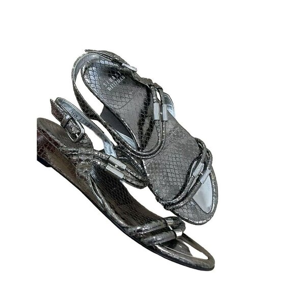 Stuart Weitzman Rolldown Metallic Micro-Wedge Sandals Size 6,5 shoes - Picture 2 of 8
